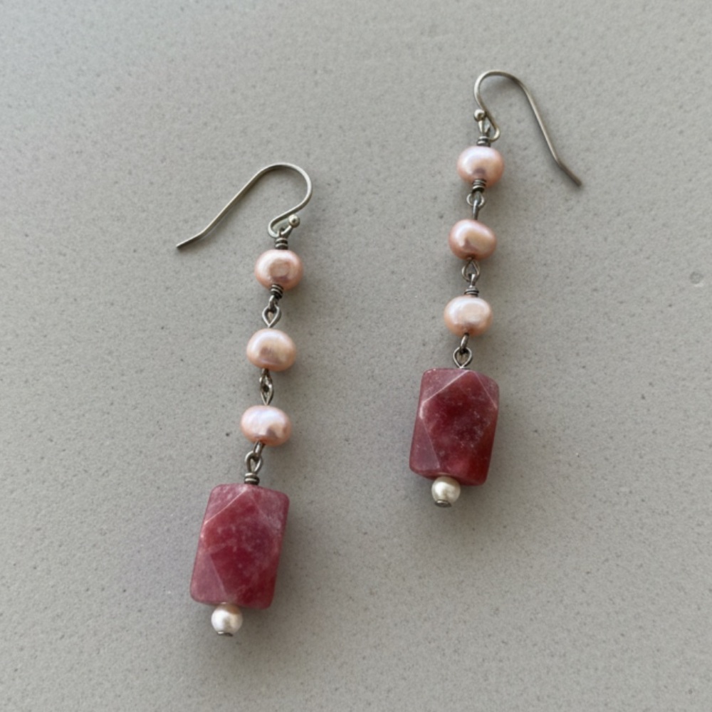 Vintage Handmade Sterling Silver Rhodonite Fresh Water Pearl Dangle Earrings